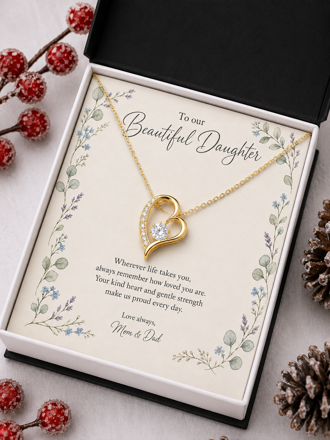 A gold heart pendant necklace with a small clear stone is displayed on a printed gift card inside an open black and white presentation box. The card reads 'To our Beautiful Daughter' and includes floral border artwork and a message for 'Mom & Dad.