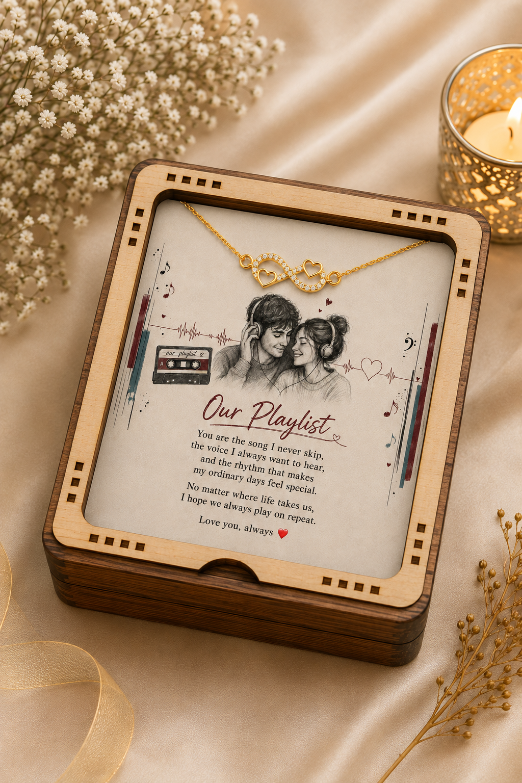 Our Playlist gold-tone necklace gift in wooden presentation box with heart details