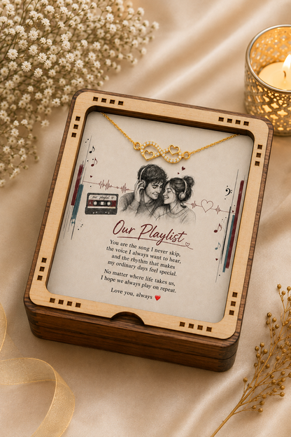 Our Playlist gold-tone necklace gift in wooden presentation box with heart details