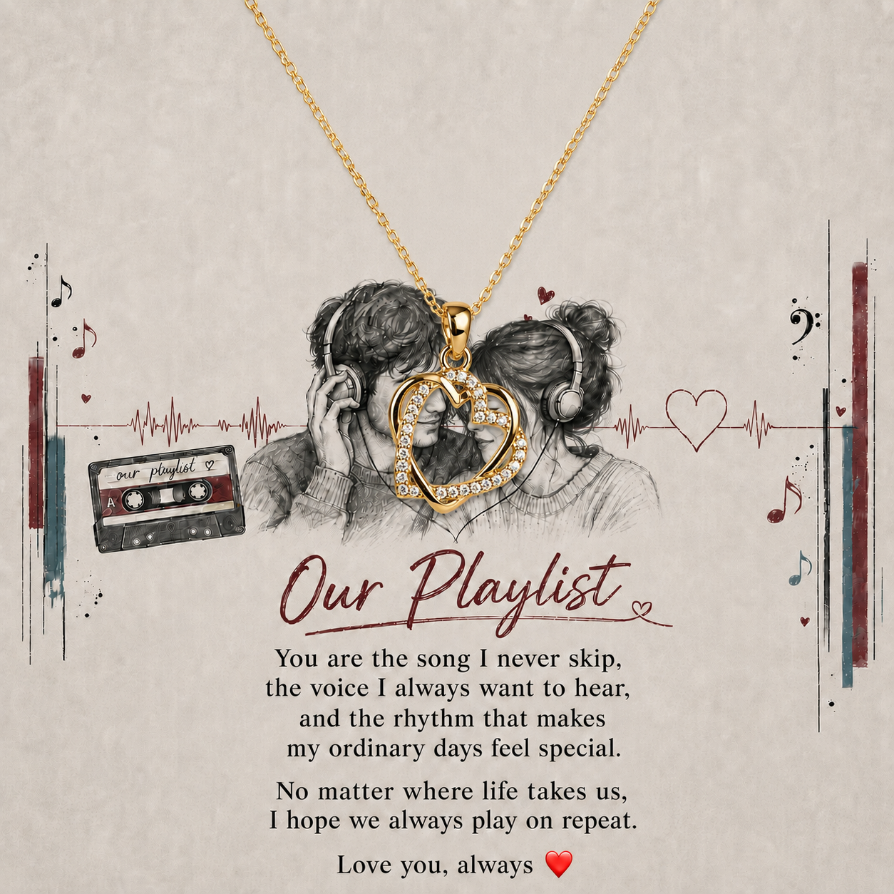 Heart pendant necklace displayed over Our Playlist message card
