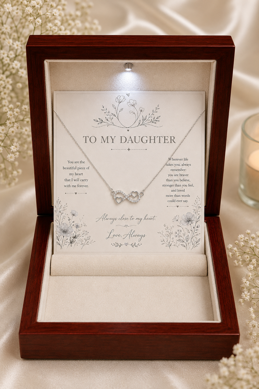 Heart infinity necklace and message card expressing lifelong parent-child love