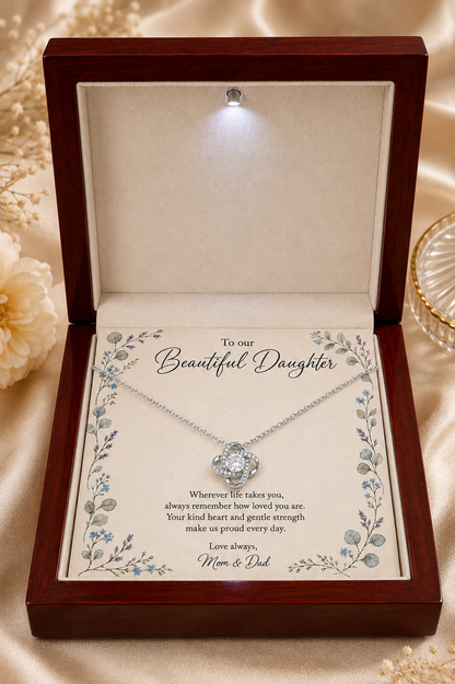 Silver-tone daughter necklace presented in LED wooden gift box