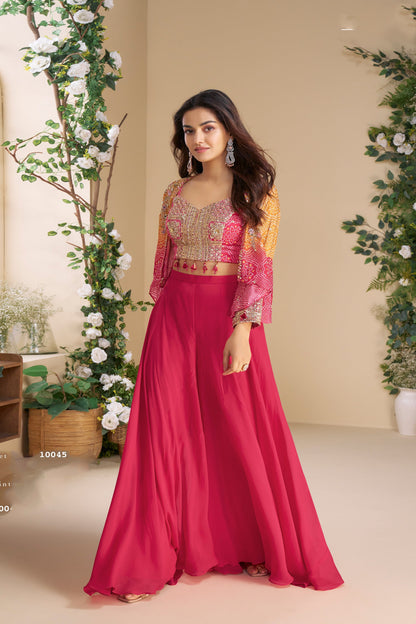 Reception Ethnic Party Wear Chinon Silk Palazzo With Embroidery Shrug
