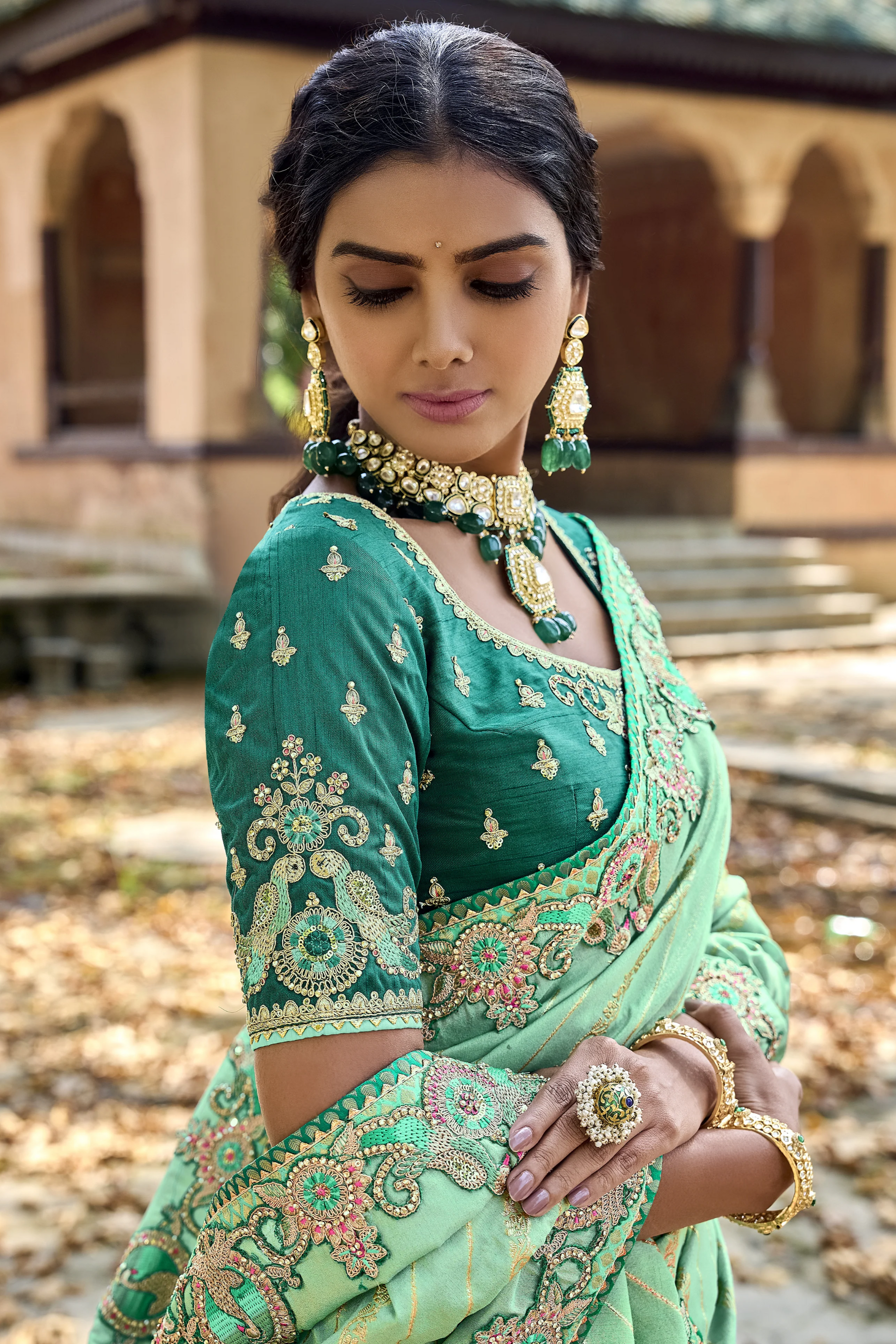Pistachio Green Saree exudes calm elegance and freshness – ideal for weddings, Eid, or summer gatherings. 