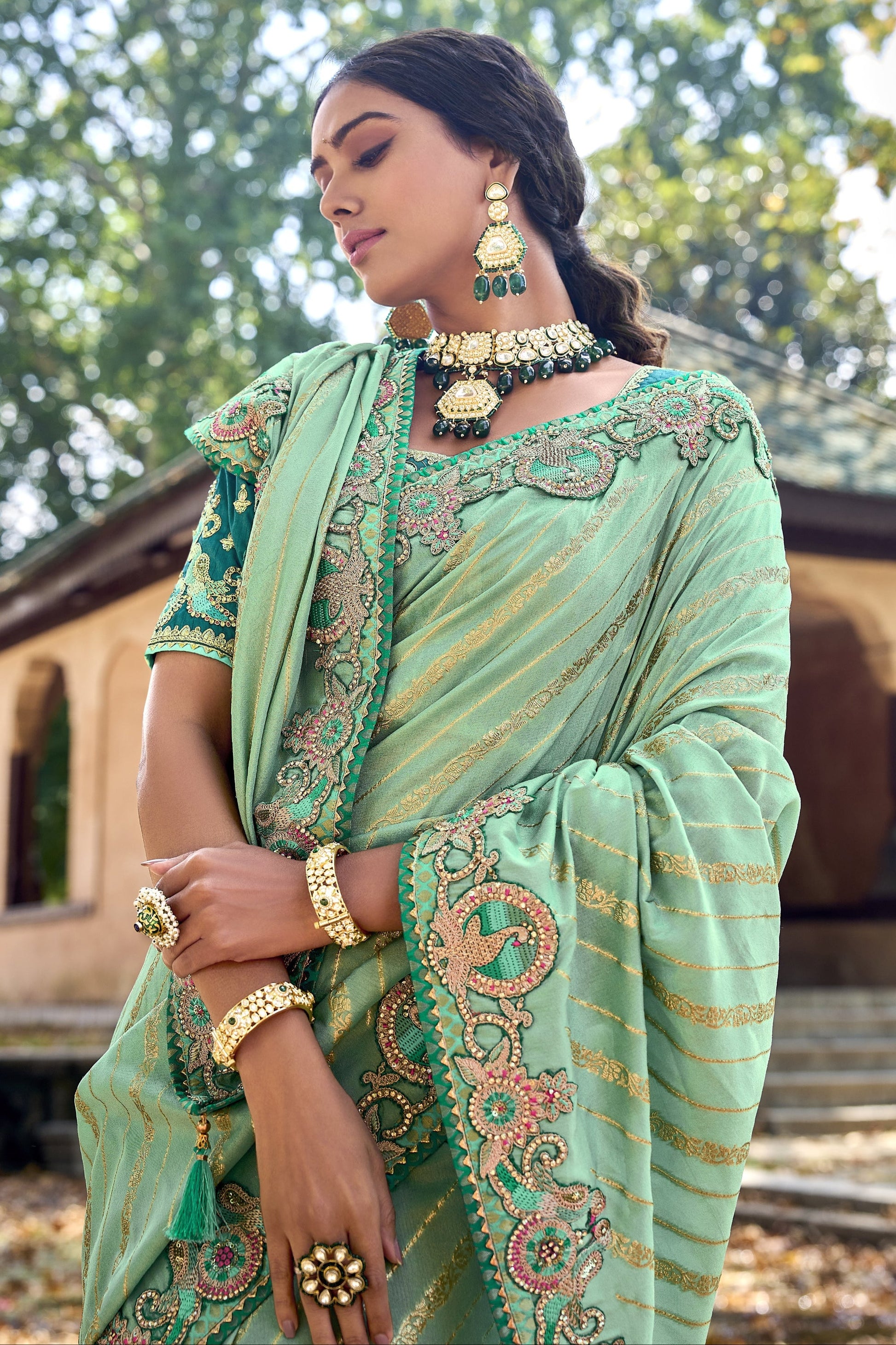 Pistachio Green Saree exudes calm elegance and freshness – ideal for weddings, Eid, or summer gatherings. 