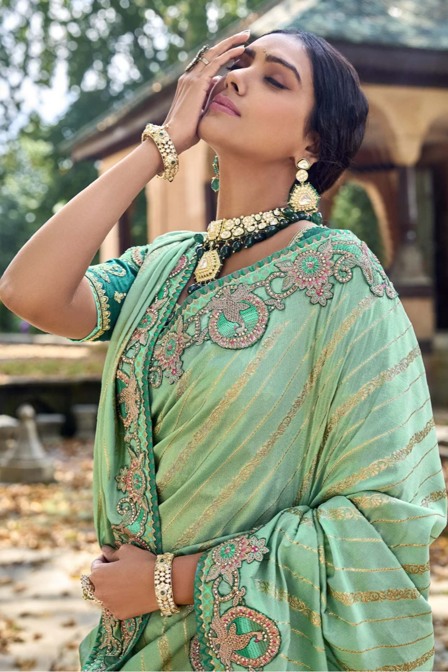Pistachio Green Saree exudes calm elegance and freshness – ideal for weddings, Eid, or summer gatherings. 