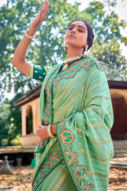 Pistachio Green Saree exudes calm elegance and freshness – ideal for weddings, Eid, or summer gatherings. 