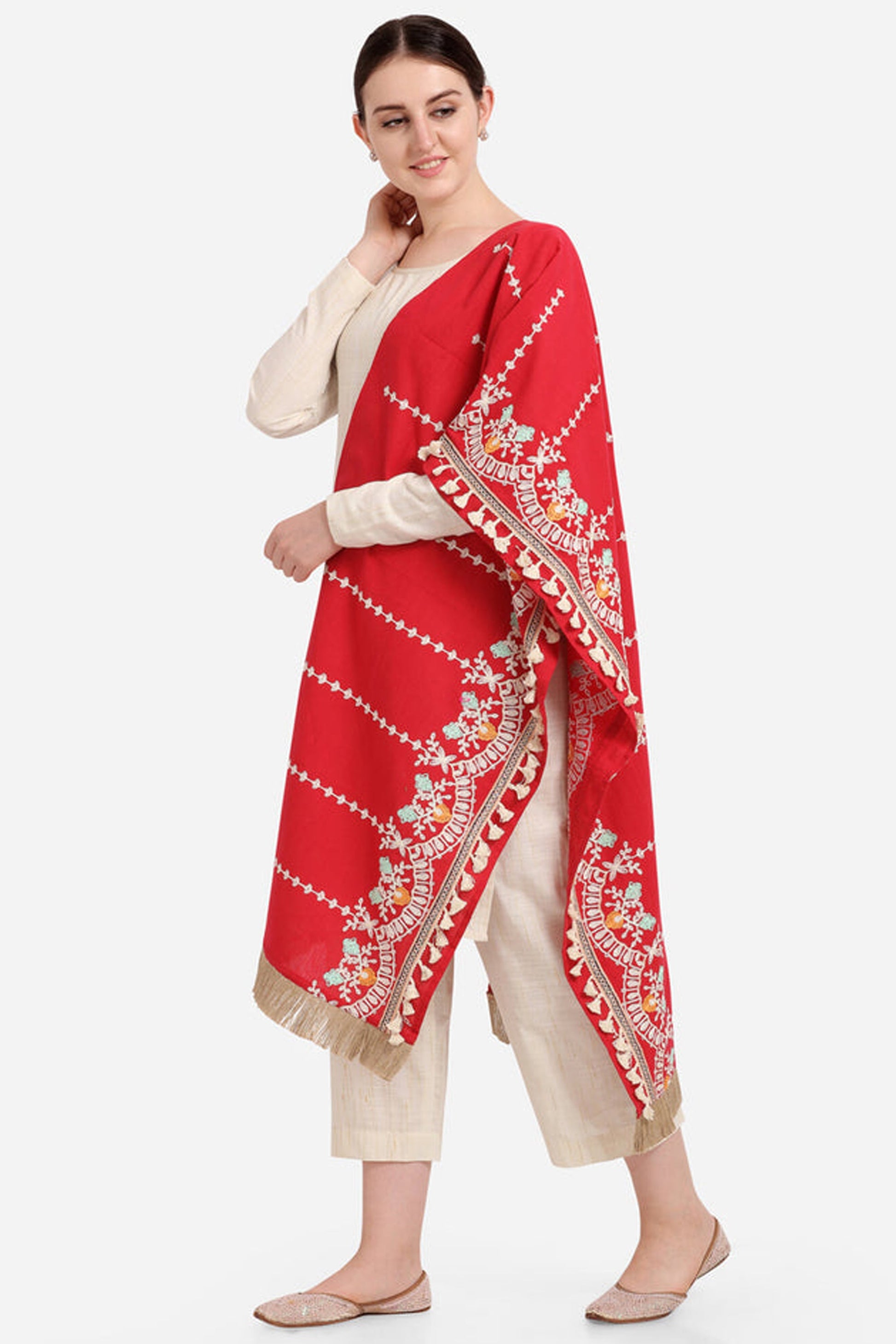 RED dupatta in khadi cotton with embroidery print for USA