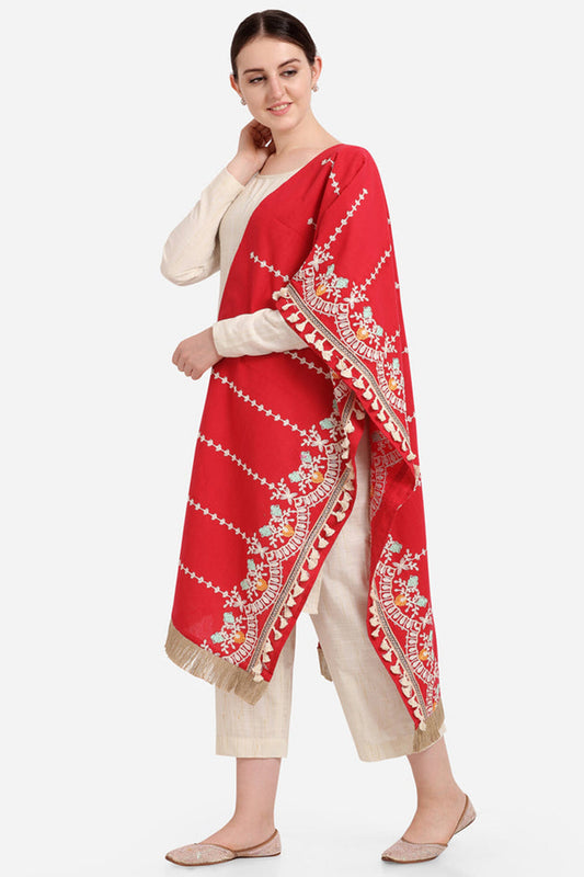 RED dupatta in khadi cotton with embroidery print for USA