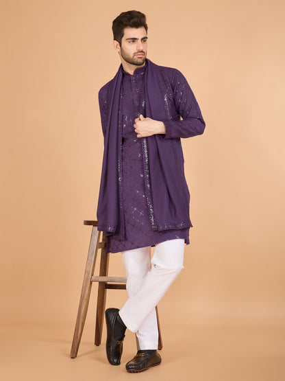 Embroidered purple kurta pajama set for men