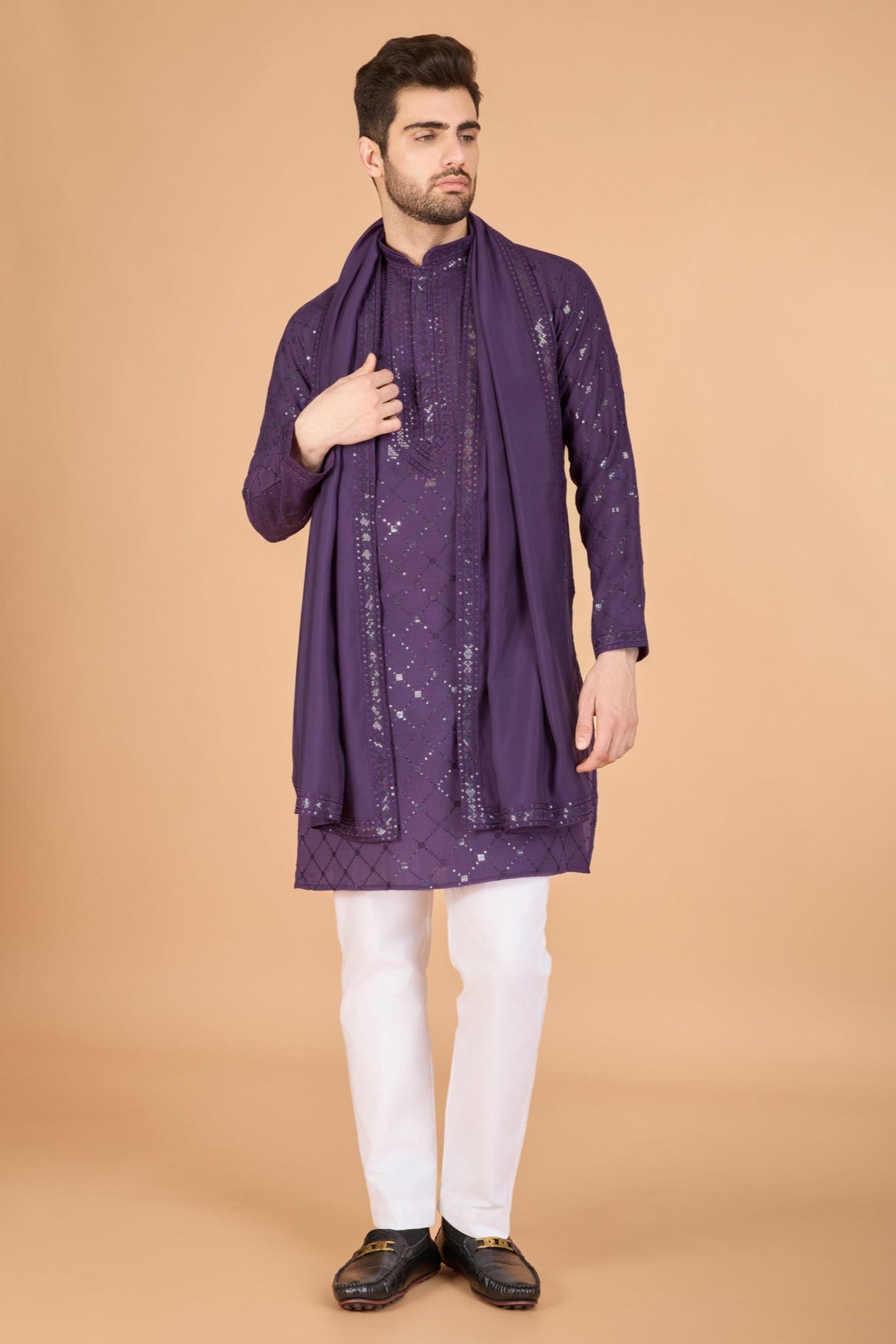 Purple kurta for men with embroidered kurta pajama