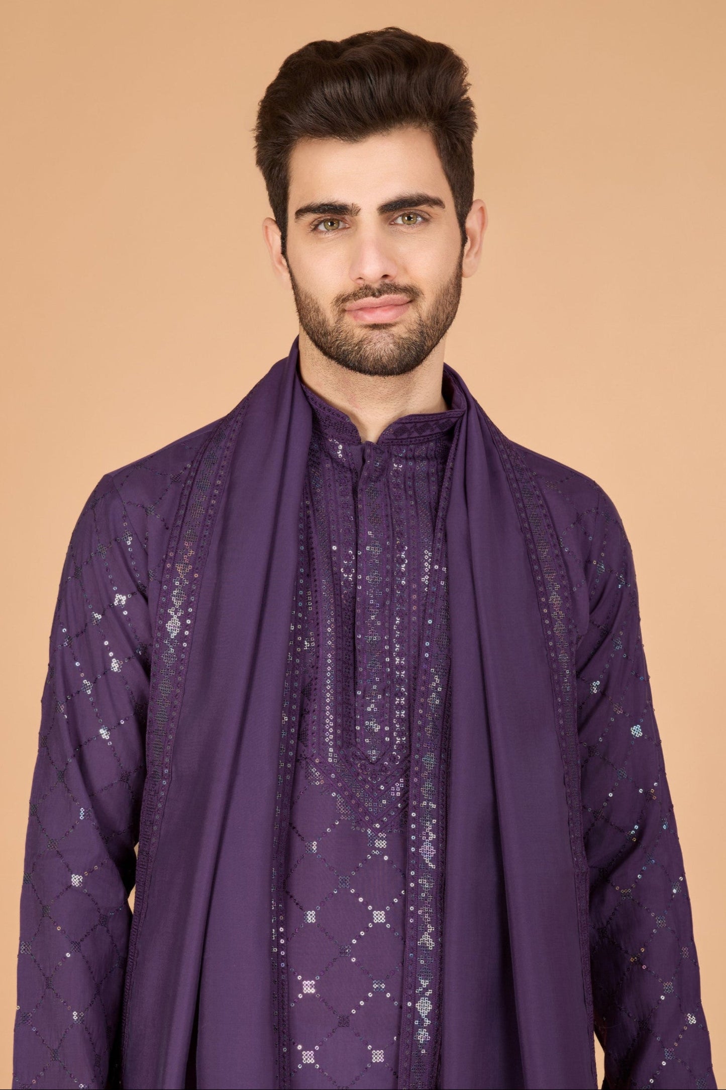 Purple kurta for men featuring thread and sequence work