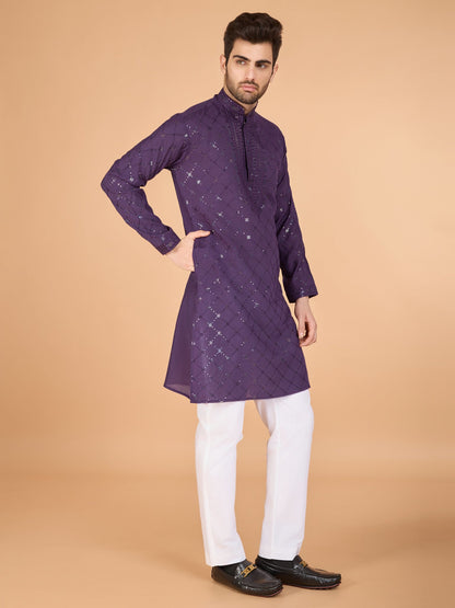 Purple kurta for men paired with matching pajama