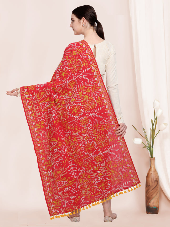 Traditional dupatta showcasing red shade and needlework