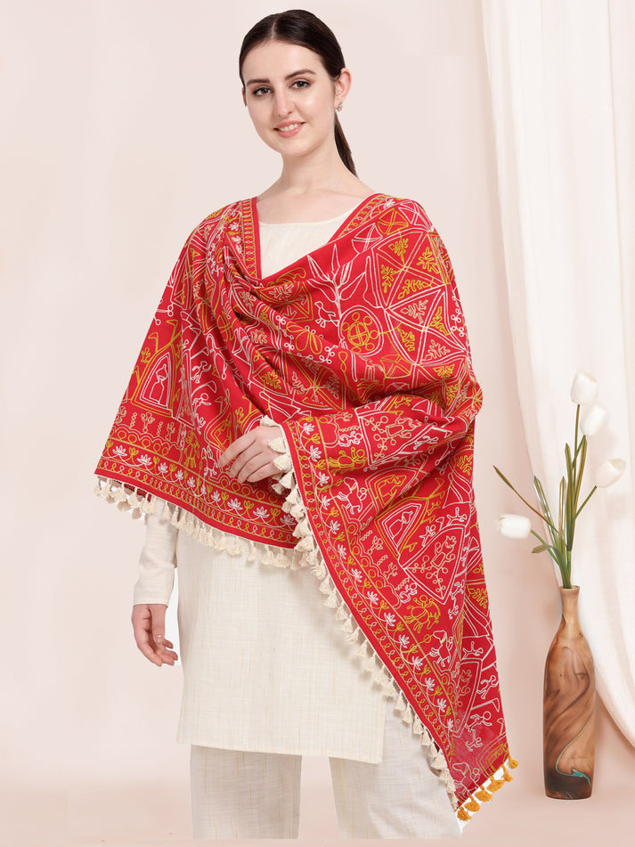 Embroidered red scarf in breathable khadi cotton fabric
