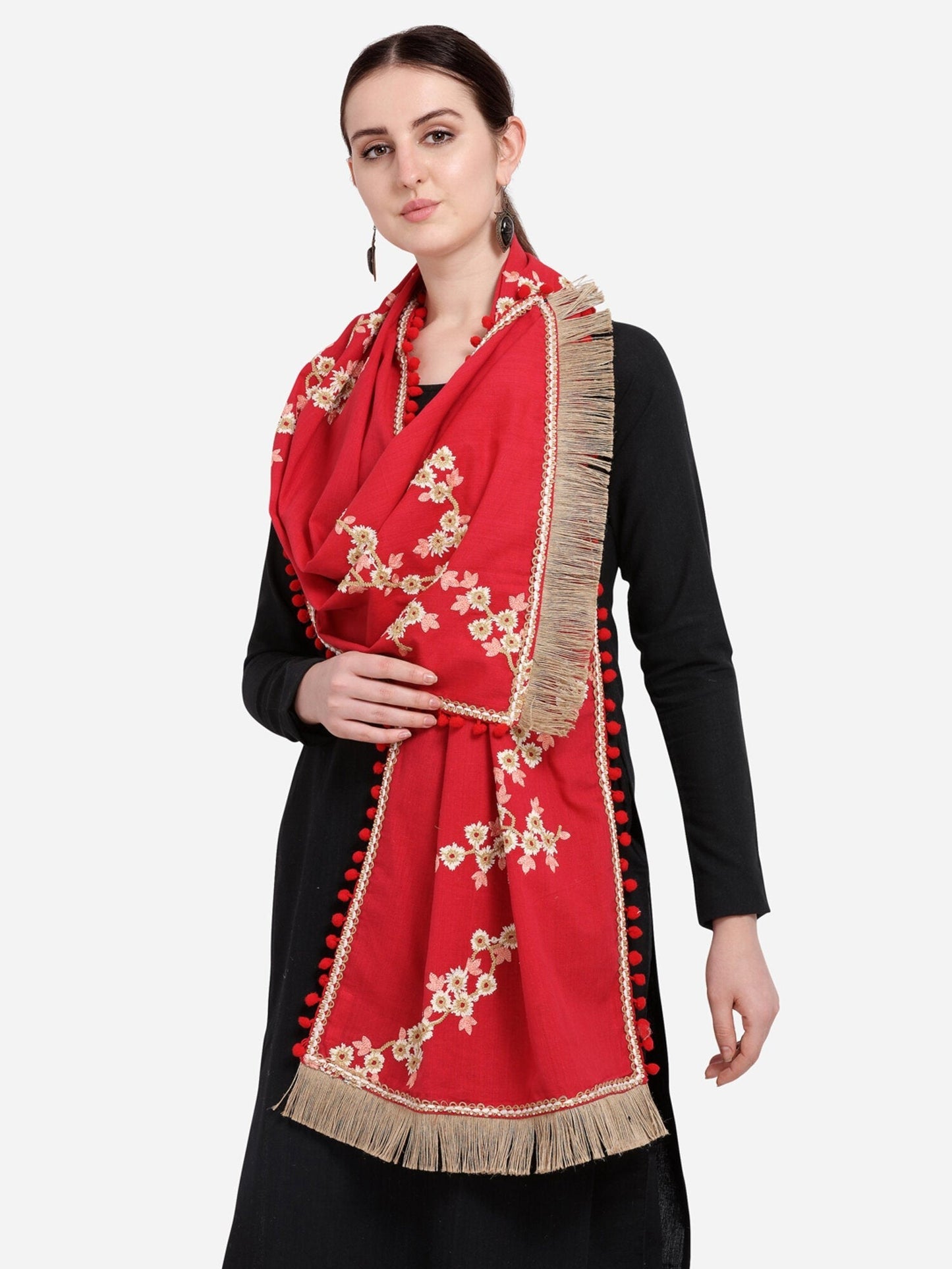 floral embroidery detail on red dupatta