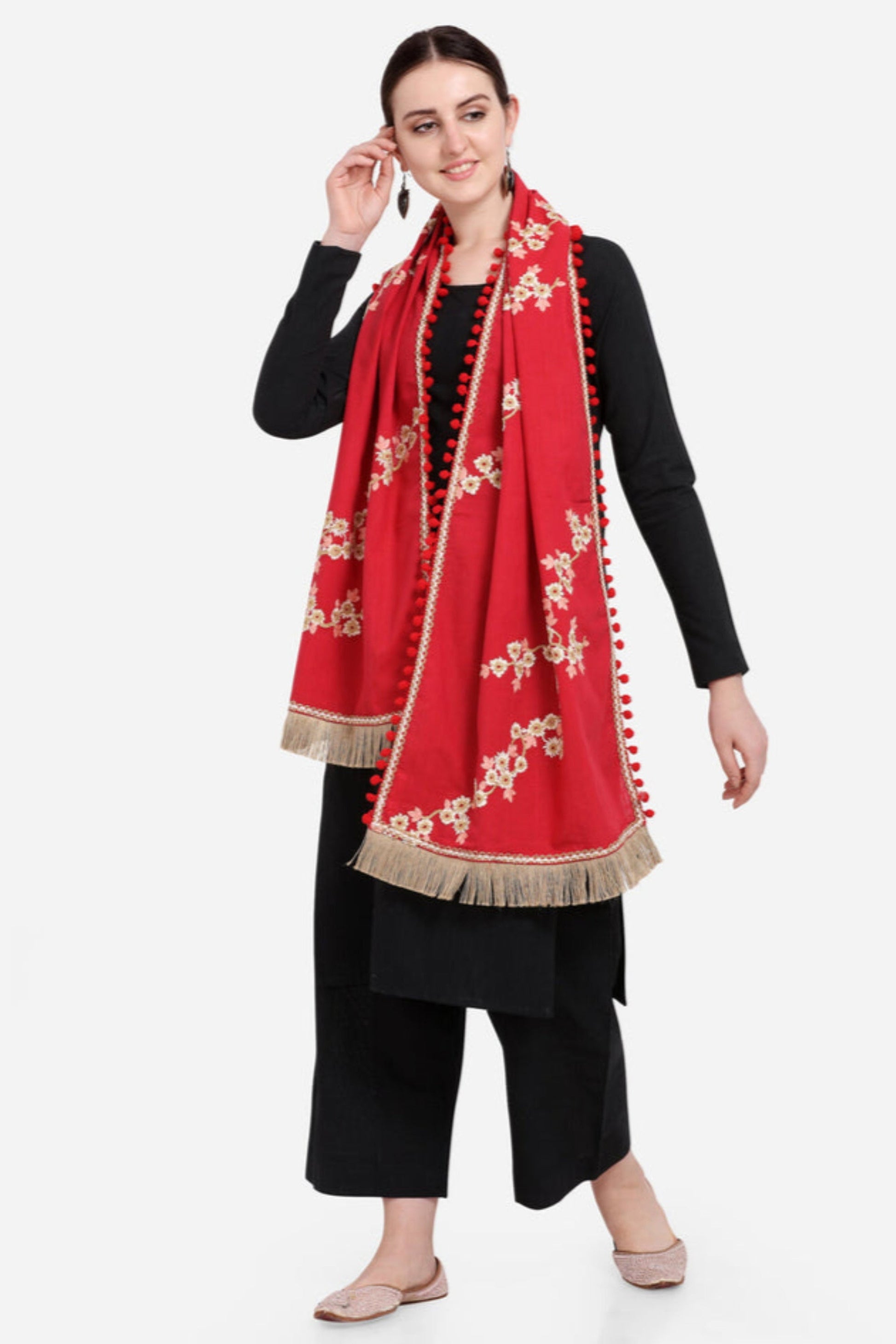 red embroidered dupatta in khadi cotton