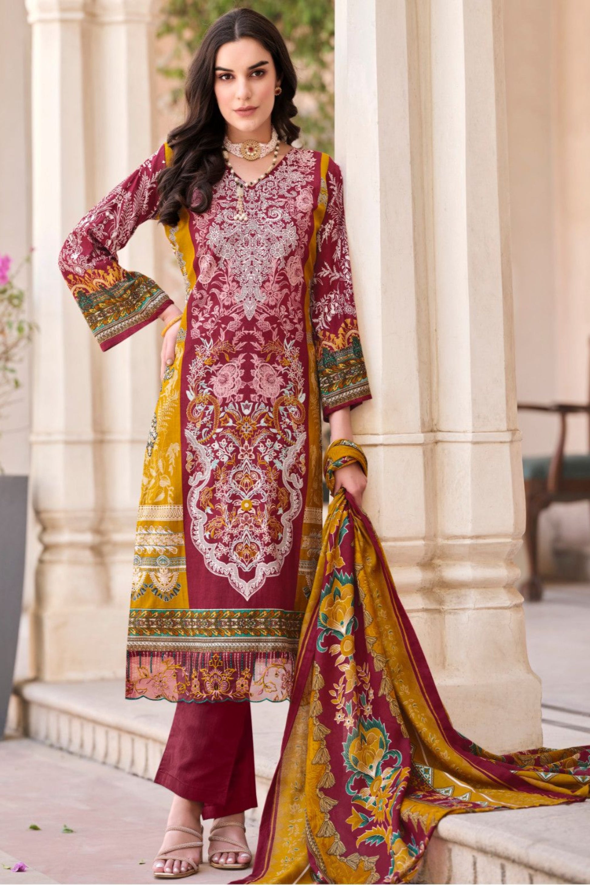 Red salwar in pure cotton with embroidery work for Usa