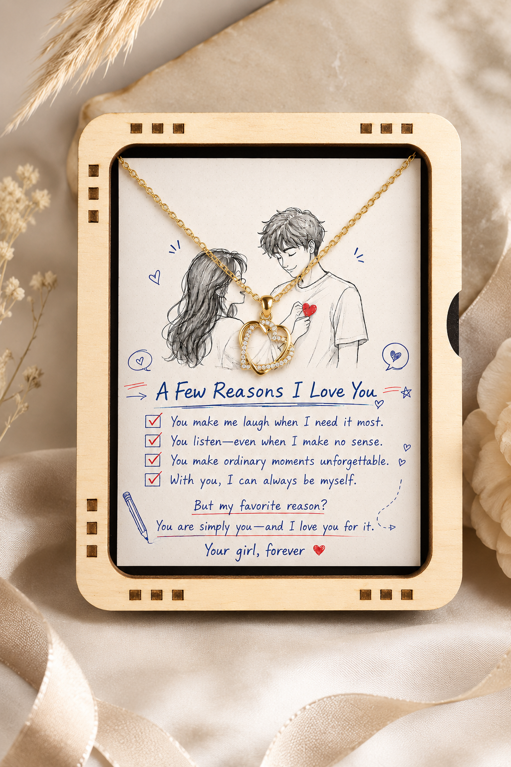 Romantic girl gift necklace with illustrated couple message card