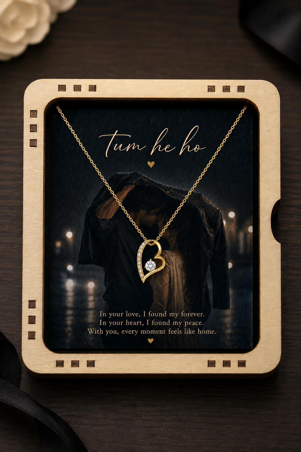 Gold-tone heart pendant necklace with romantic keepsake card