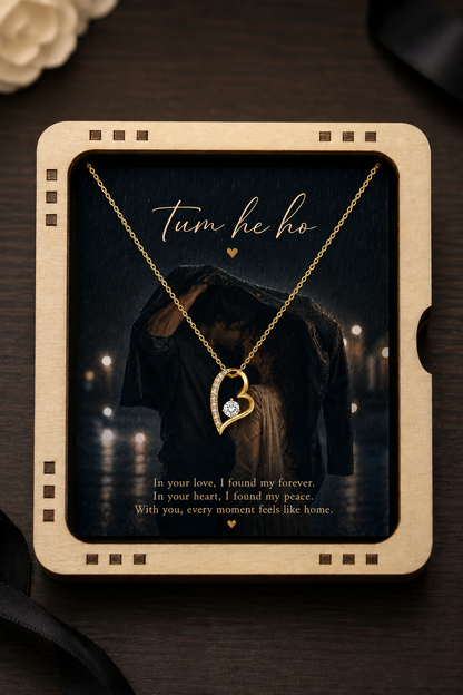 Gold-tone heart pendant necklace with romantic keepsake card