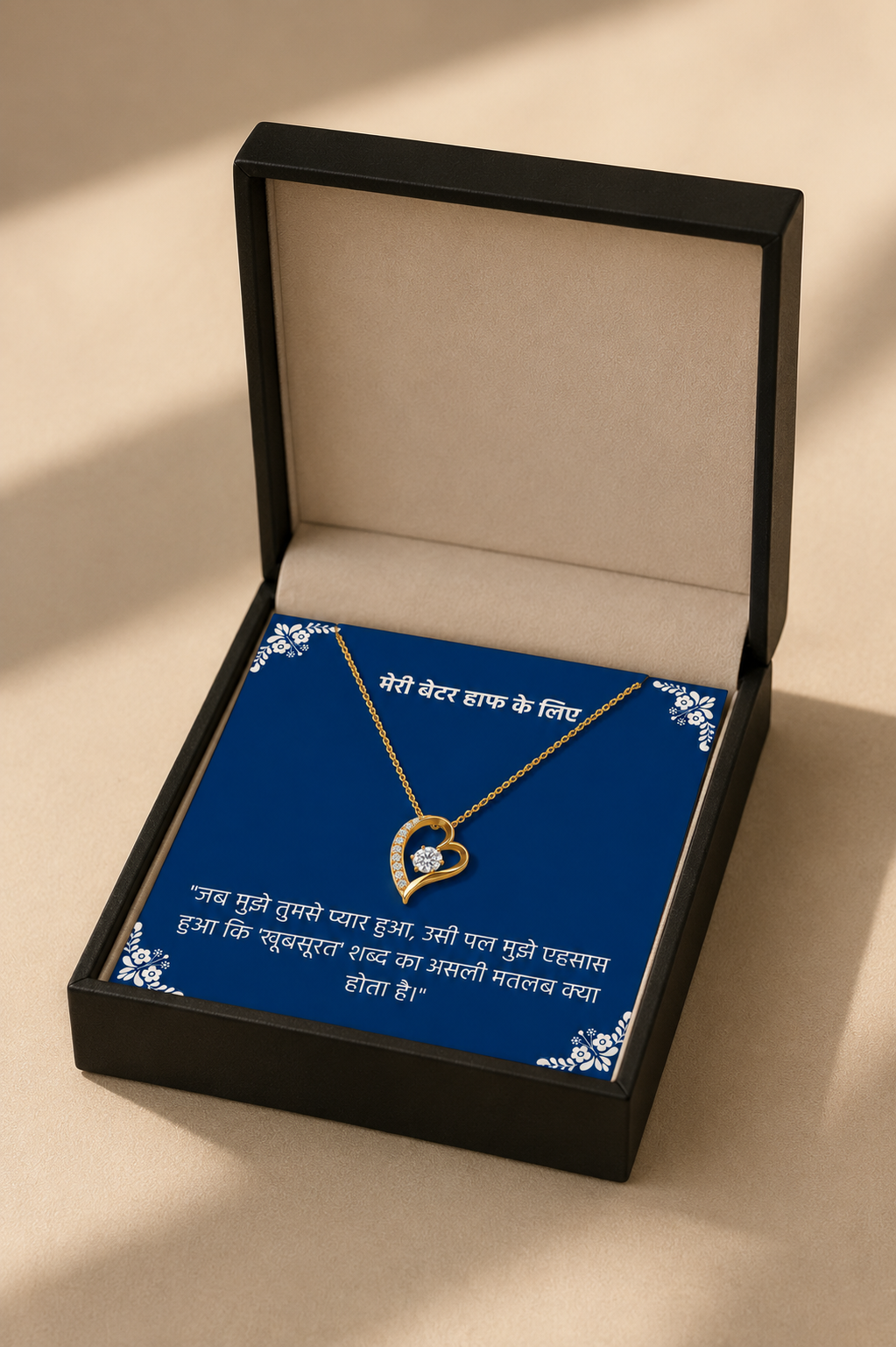 Romantic heart pendant necklace with blue message card for Better Half