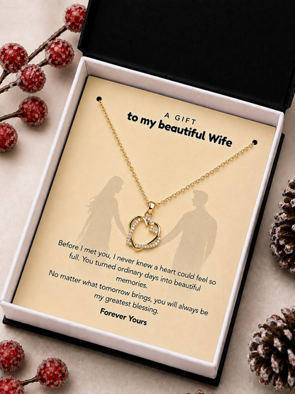 Romantic heart necklace gift for wife presented with heartfelt message card