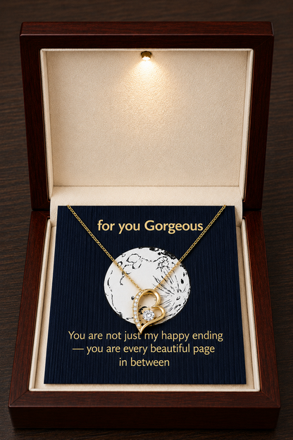 Gold-tone heart pendant necklace in premium wooden gift box with message card