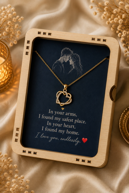 Romantic heart pendant necklace presented on dark blue message card