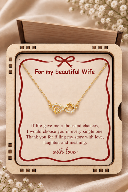 Romantic infinity necklace presented in wooden jewelry box
