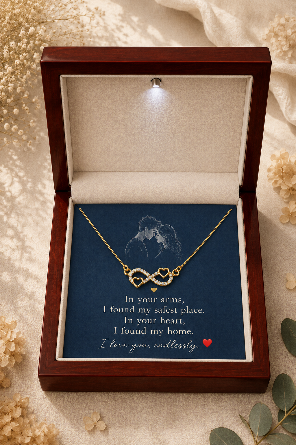 Romantic necklace and message card in elegant gift presentation