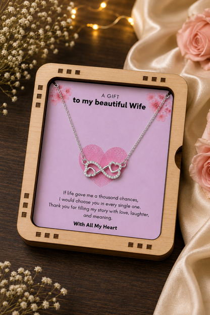 Romantic infinity heart necklace with clear stone-style accents for wife
