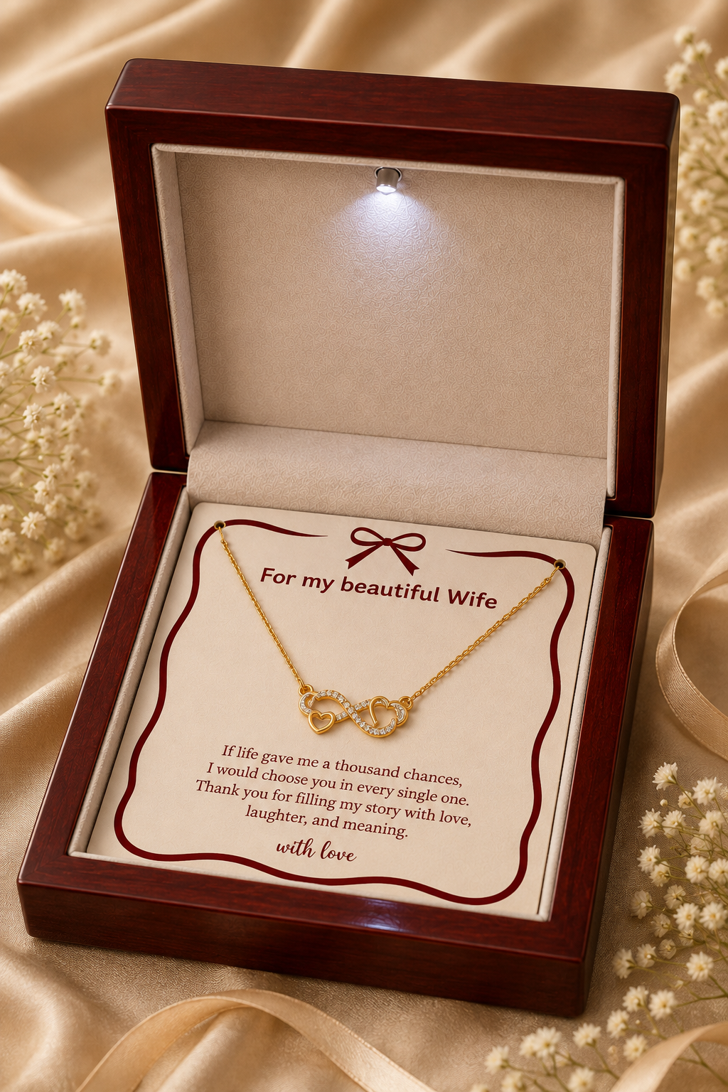 Romantic wife necklace with For my beautiful Wife message card
