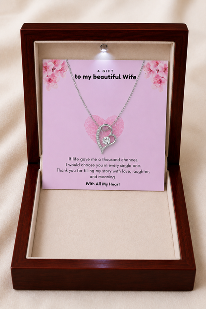Sentimental necklace gift for wife with sparkling heart pendant and love message.
