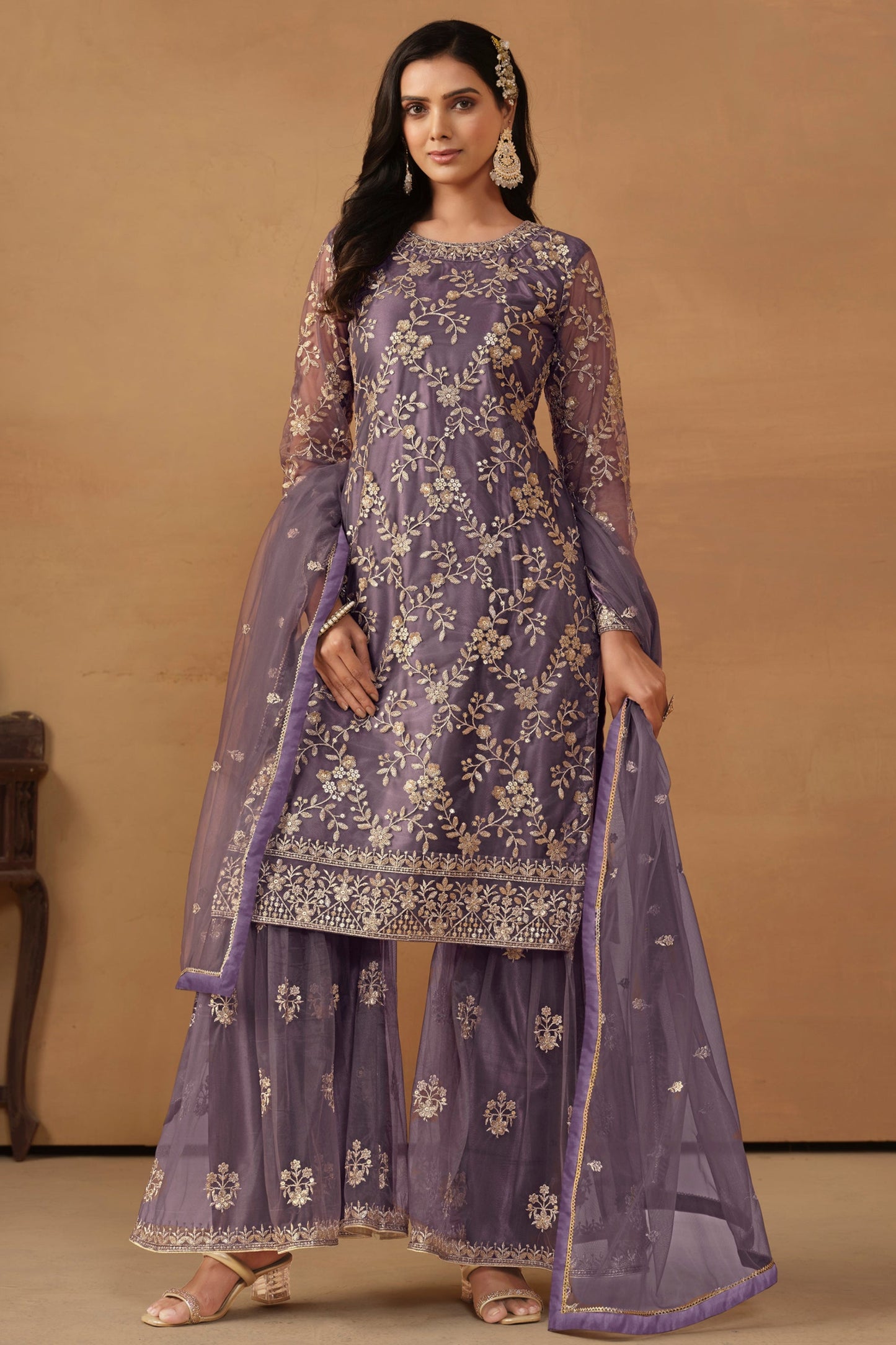 Levender sharara suits in net with thread embroidery