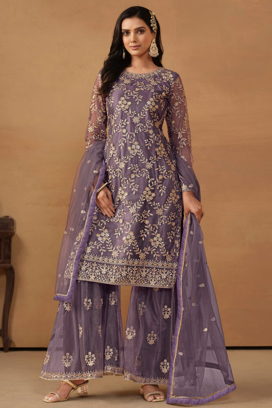 Levender sharara suits in net with thread embroidery