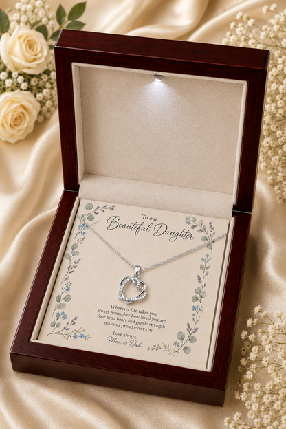 Silver-tone daughter necklace arranged on floral message card in jewelry box