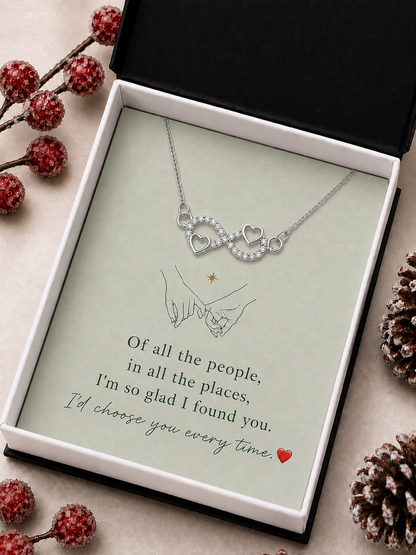 Silver-tone heart and infinity necklace presented as a meaningful relationship gift