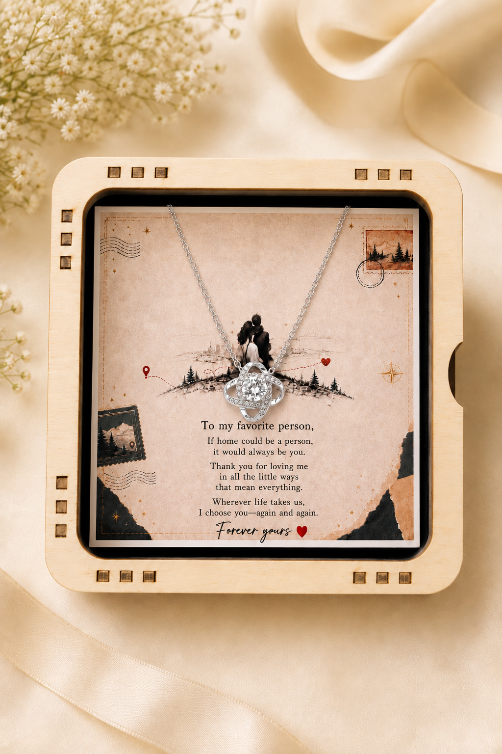 Silver-tone heart necklace presented inside a gift box with a sentimental “I choose you again and again” message card.