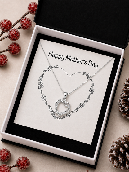 Silver-tone heart necklace for Mom presented inside elegant black and white jewelry box