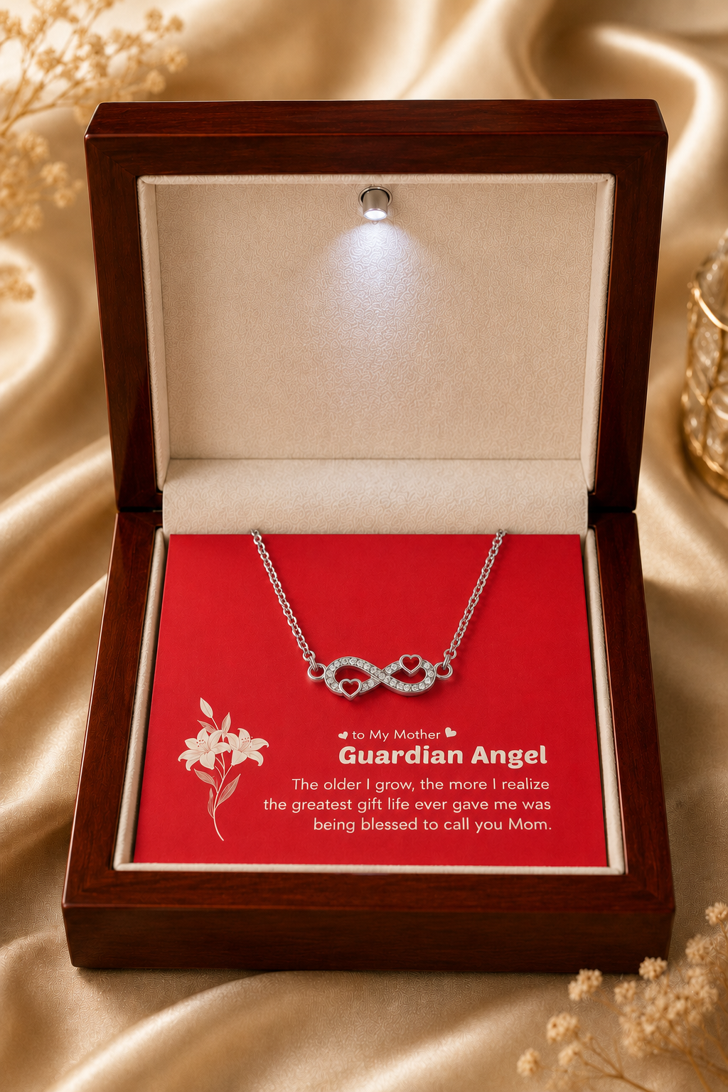 Silver-tone infinity heart necklace for Mom in wooden presentation box
