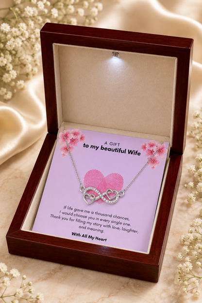 Silver-tone infinity necklace in LED jewelry gift box for wife
