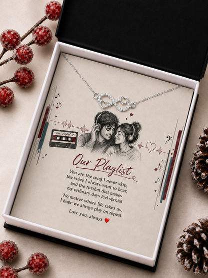 Silver-tone infinity necklace with two heart details and sentimental message card
