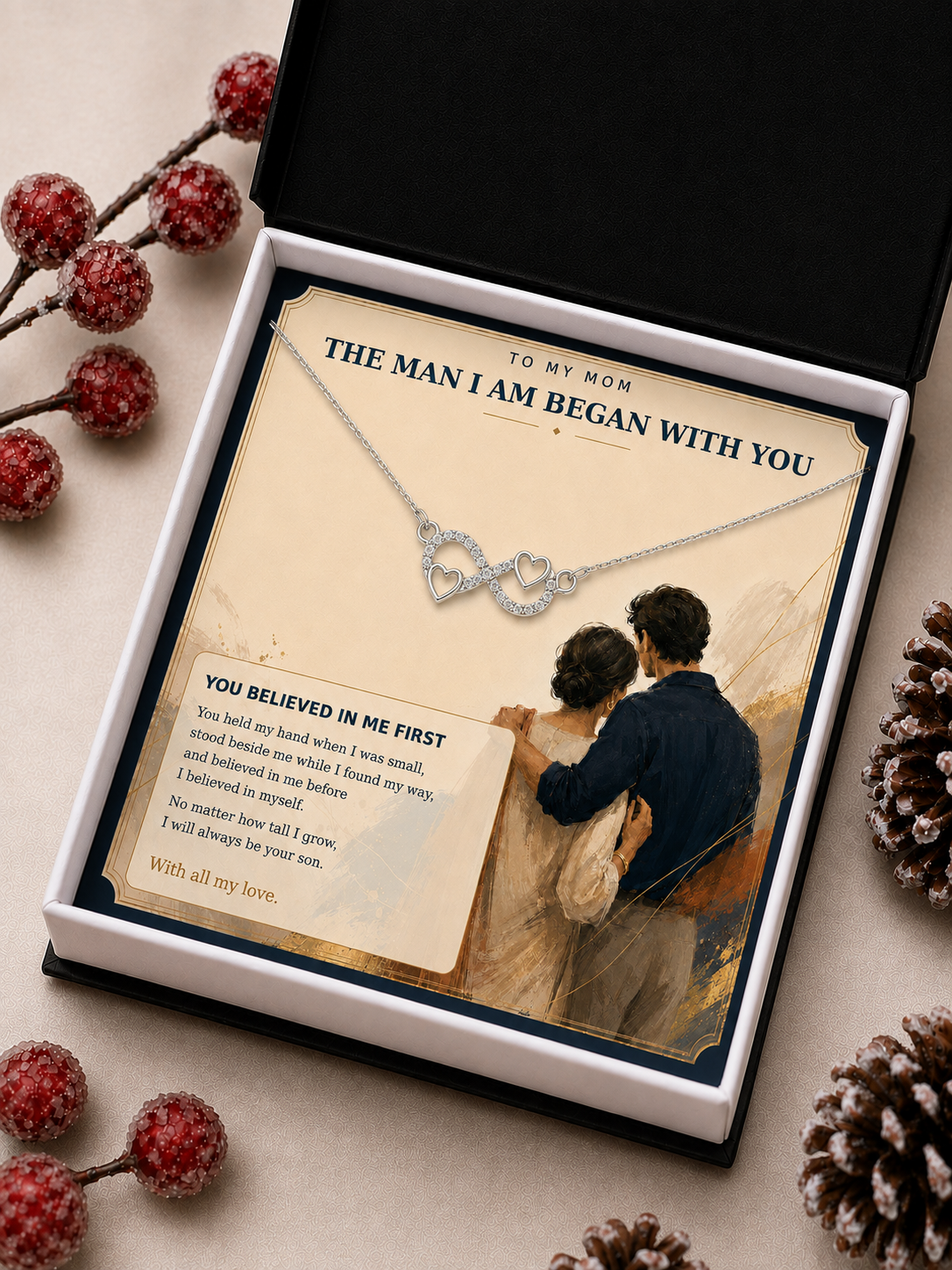 Silver-tone infinity necklace with three open hearts for Mother