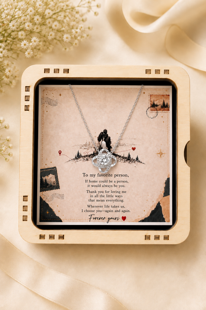 Silver-tone intertwined heart pendant necklace with clear stone and message card for a special relationship gift.