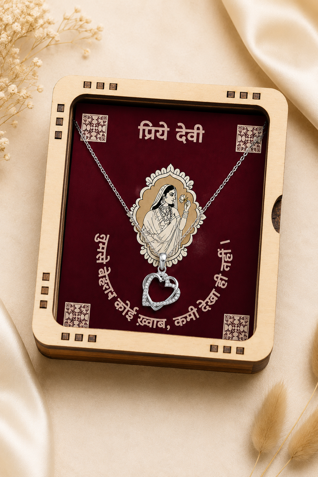 Silver-tone intertwined hearts necklace paired with an emotional Devi message card