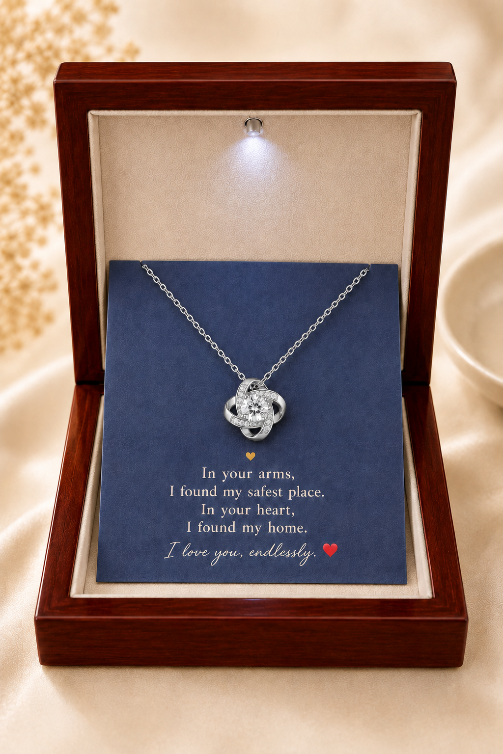 A silver-toned necklace with a four-leaf clover pendant displayed inside an open dark wood gift box. The necklace rests on a navy blue message card with white sentimental text, set against a softly lit beige satin background.
