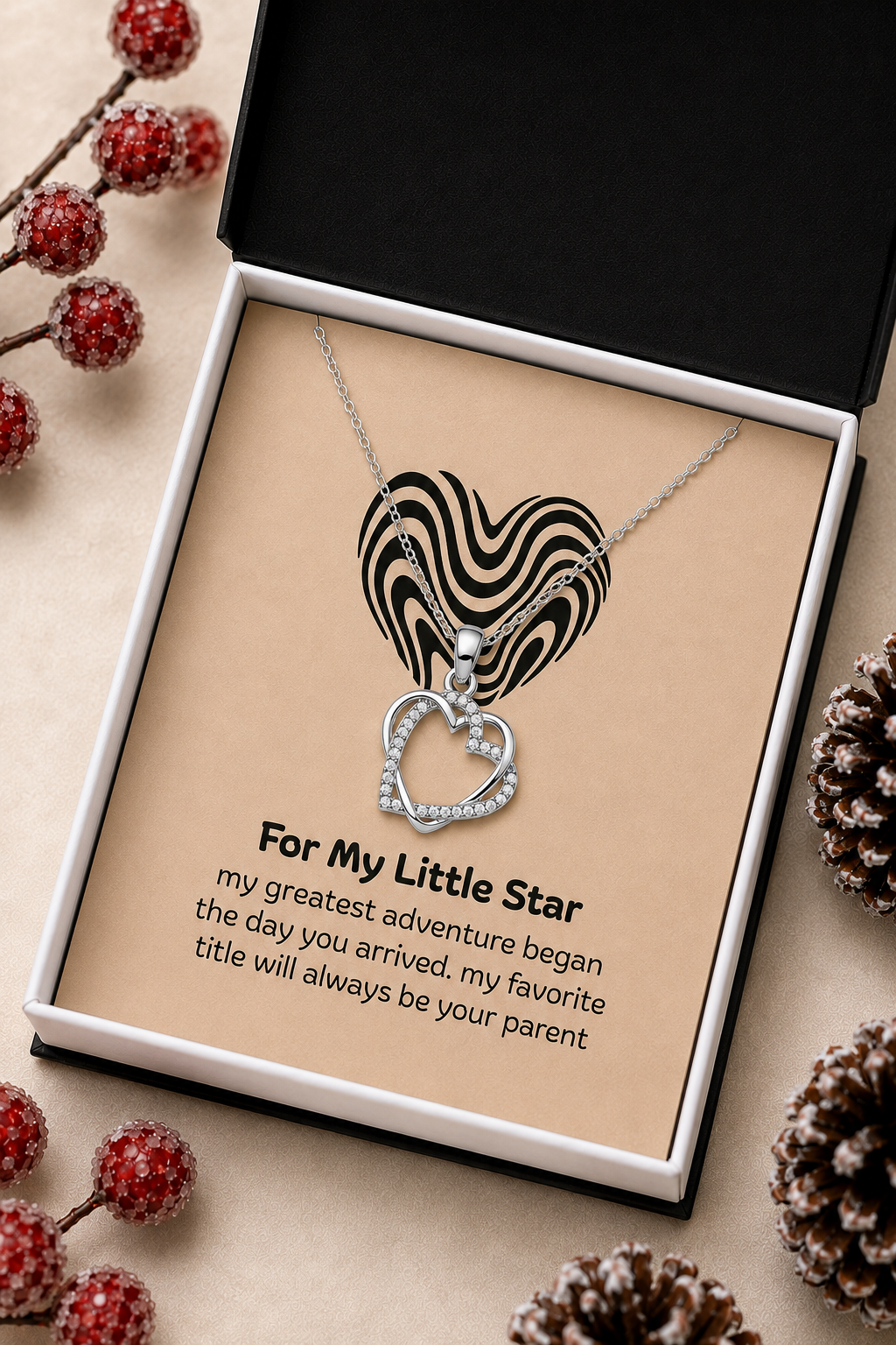 Silver-tone little star heart necklace presented in black jewelry gift box