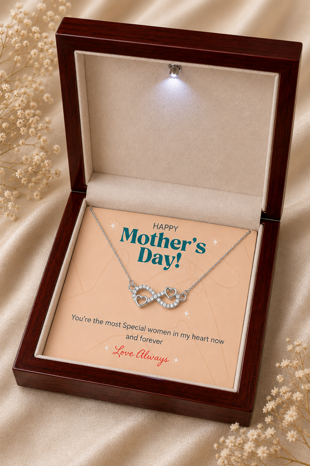 Silver-tone Mother’s Day infinity heart necklace in premium LED wooden box