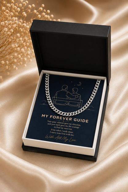 Silver-tone Cuban link necklace for Dad presented in a classic black gift box